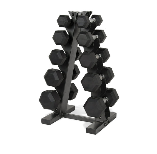 a-frame dumbbell rack with dumbbells