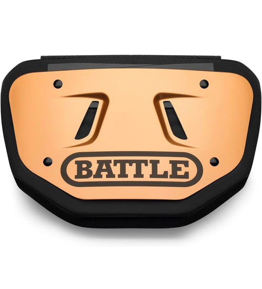 a copper and black Battle back plate with the word battle on it written in black
