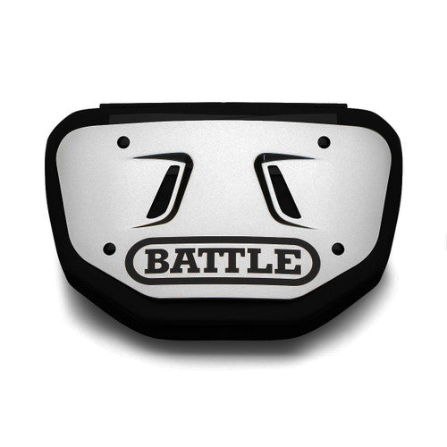 a Silver and black Battle back plate with the word battle on it written in black