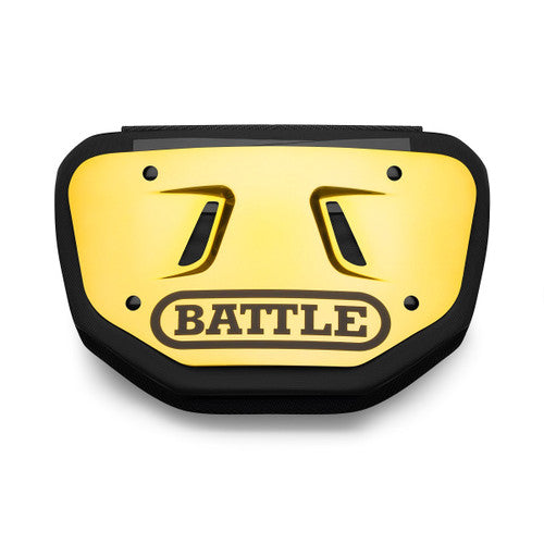 a yellow and black Battle back plate with the word battle on it written in black