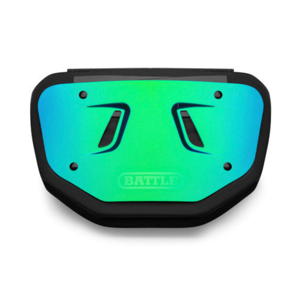 a green and blue Battle back plate with the word battle written on it in white