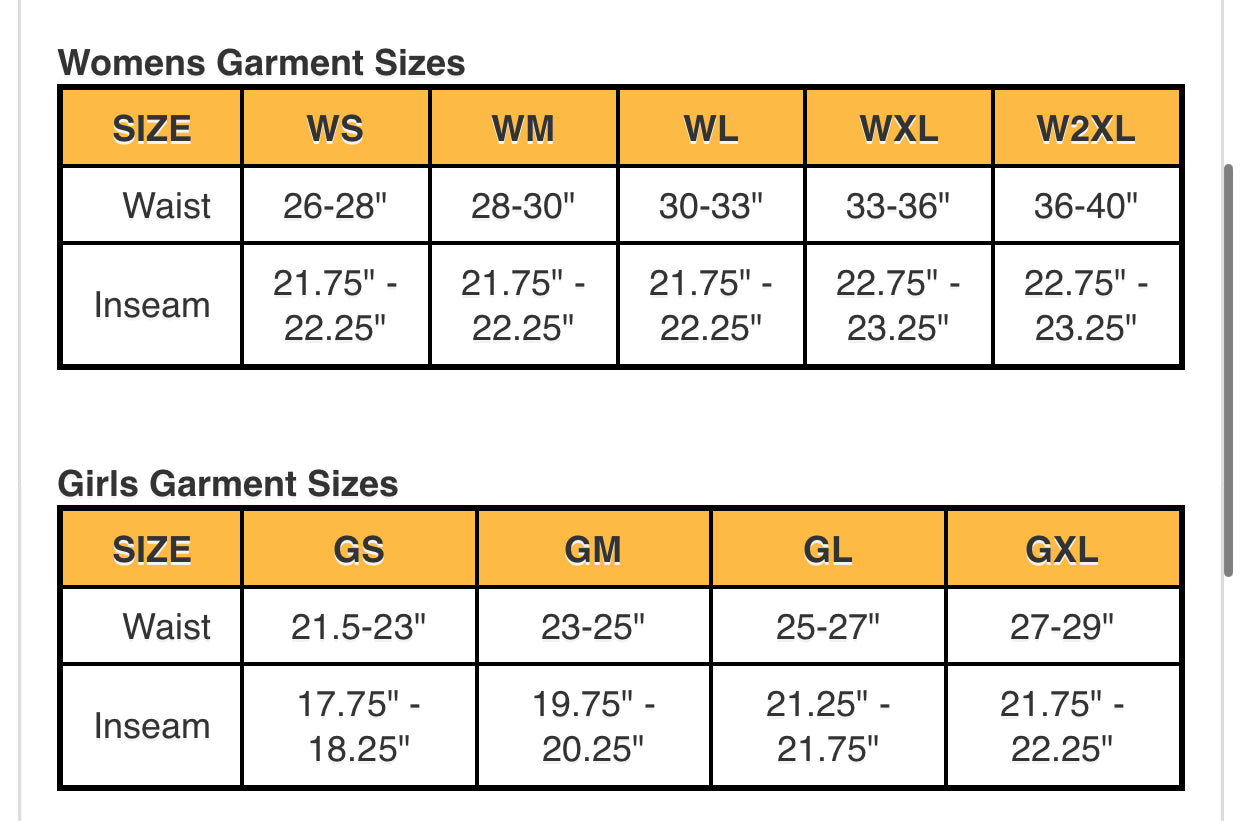Champro Softball Pant sizing chart