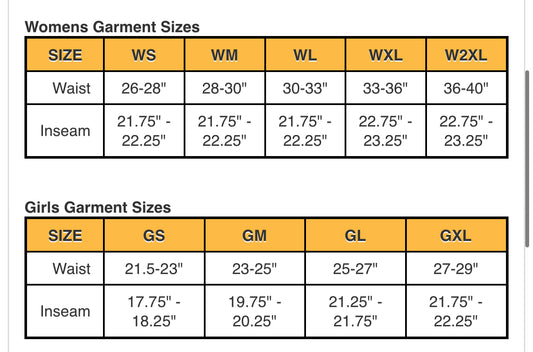 Champro Softball Pant sizing chart