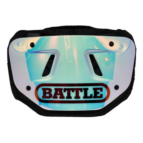 a turquoise and white Battle back plate with the word battle written on it in black