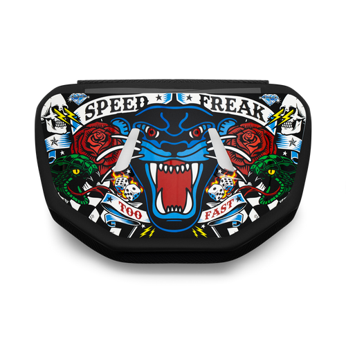 a black battle back plate with an image of a panther with roses on it with the words Speed Freak on the top of it