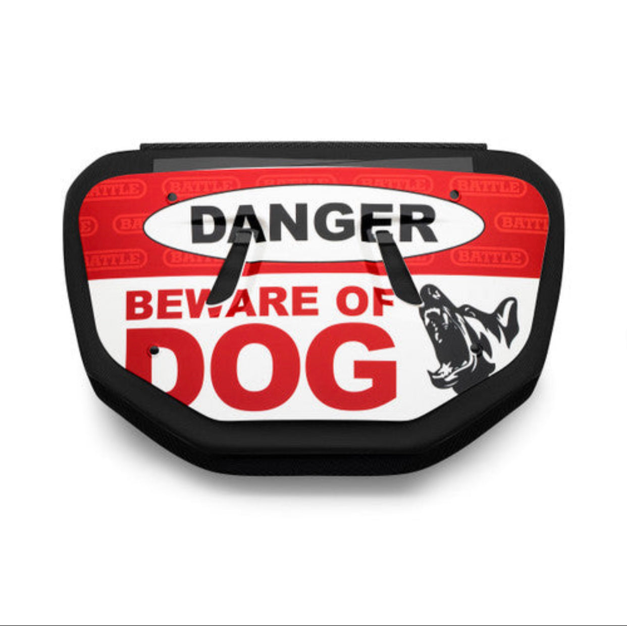 a black and red Battle back plate with the words danger beware of dog written on it