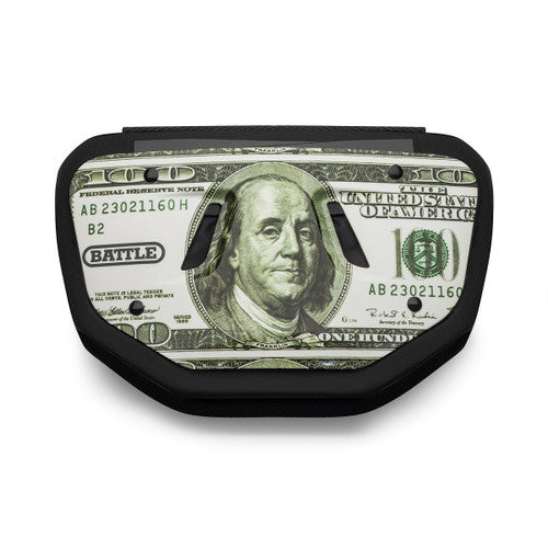 a 100 dollar bill image Battle back plate with the word battle written on it in white