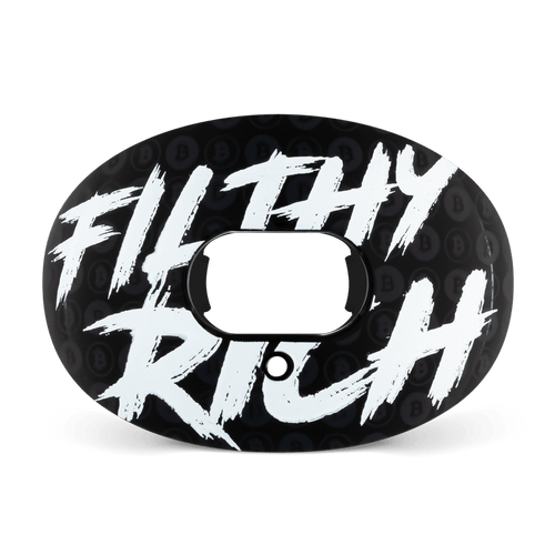 Black Battle Oxygen Football Mouthguard - with White filthy rich writing Design