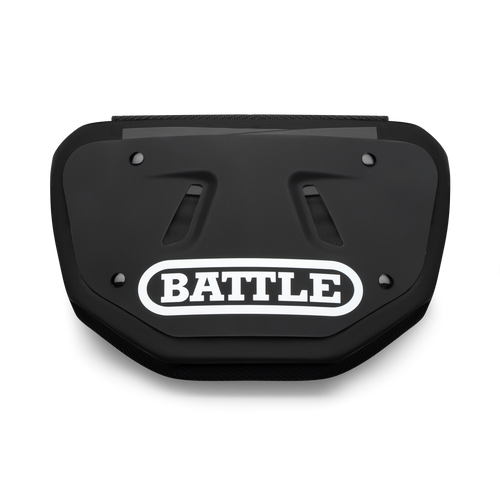 a black Battle back plate with the word battle on it written in white