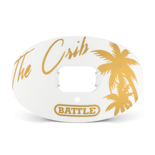 White Battle Oxygen Football Mouthguard - The crip written in gold Designs