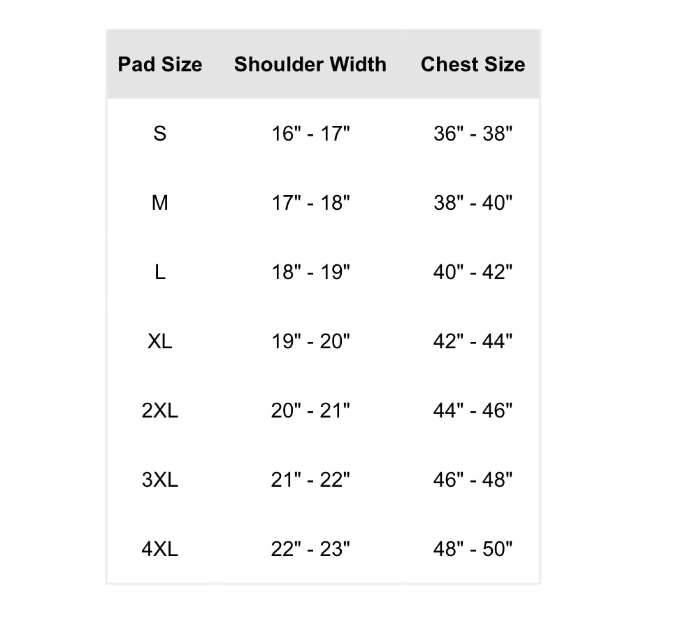 Champro Gauntlet Football Shoulder Pads- Youth Size Chart