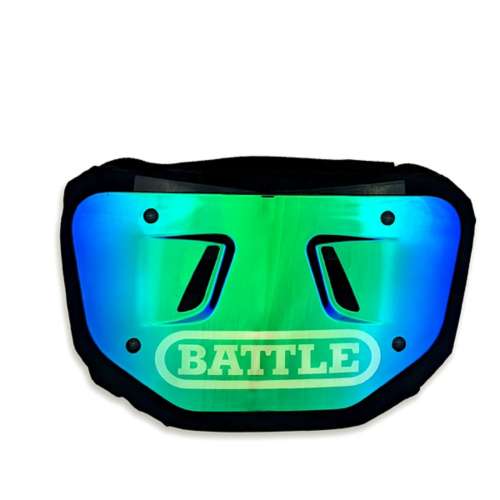 a green and blue Battle back plate with the word battle written on it in white