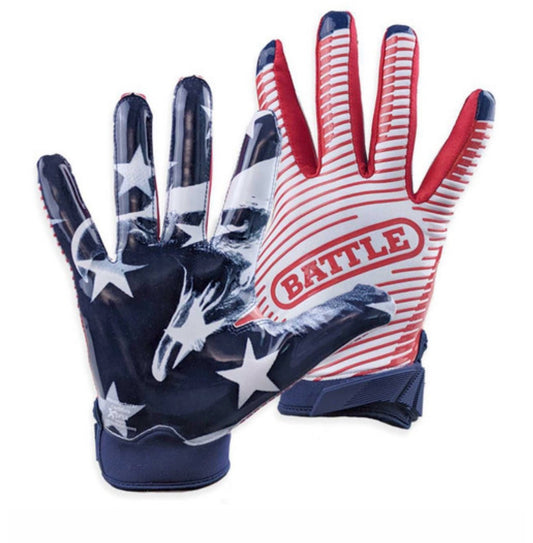 a pair of Battle red, white and blue football gloves