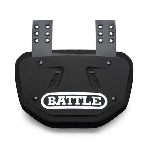 a black Battle back plate with the word battle on it written in white