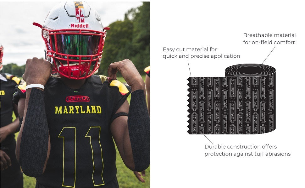 a football player wearing a helmet with black battle tape