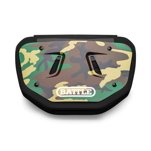 a camouflaged colored Battle back plate with the word battle written on it in white