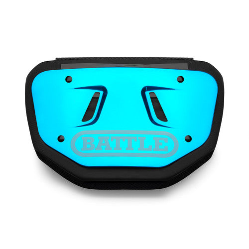 a turquoise Battle back plate with a white word battle on it