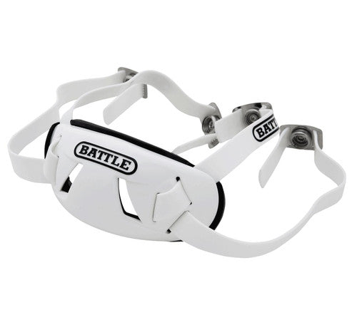 a white Battle chin strap with a metal buckle on it