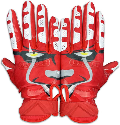 A pair of red Battle gloves with a a half clown face in white on one glove and the other half of the clown face on the other glove