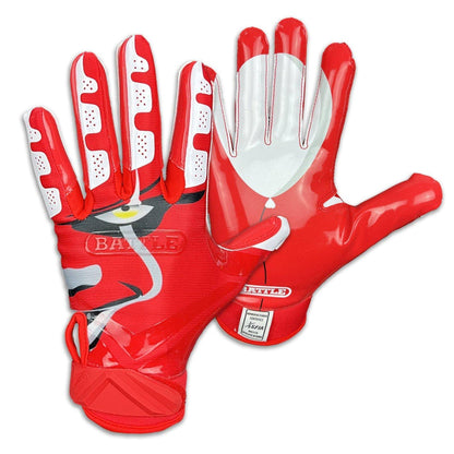 A pair of red Battle gloves with the palm of the glove red and white