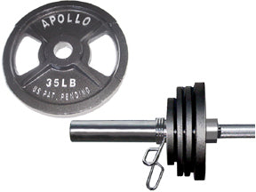 detail of a 35 lb plate and barbell