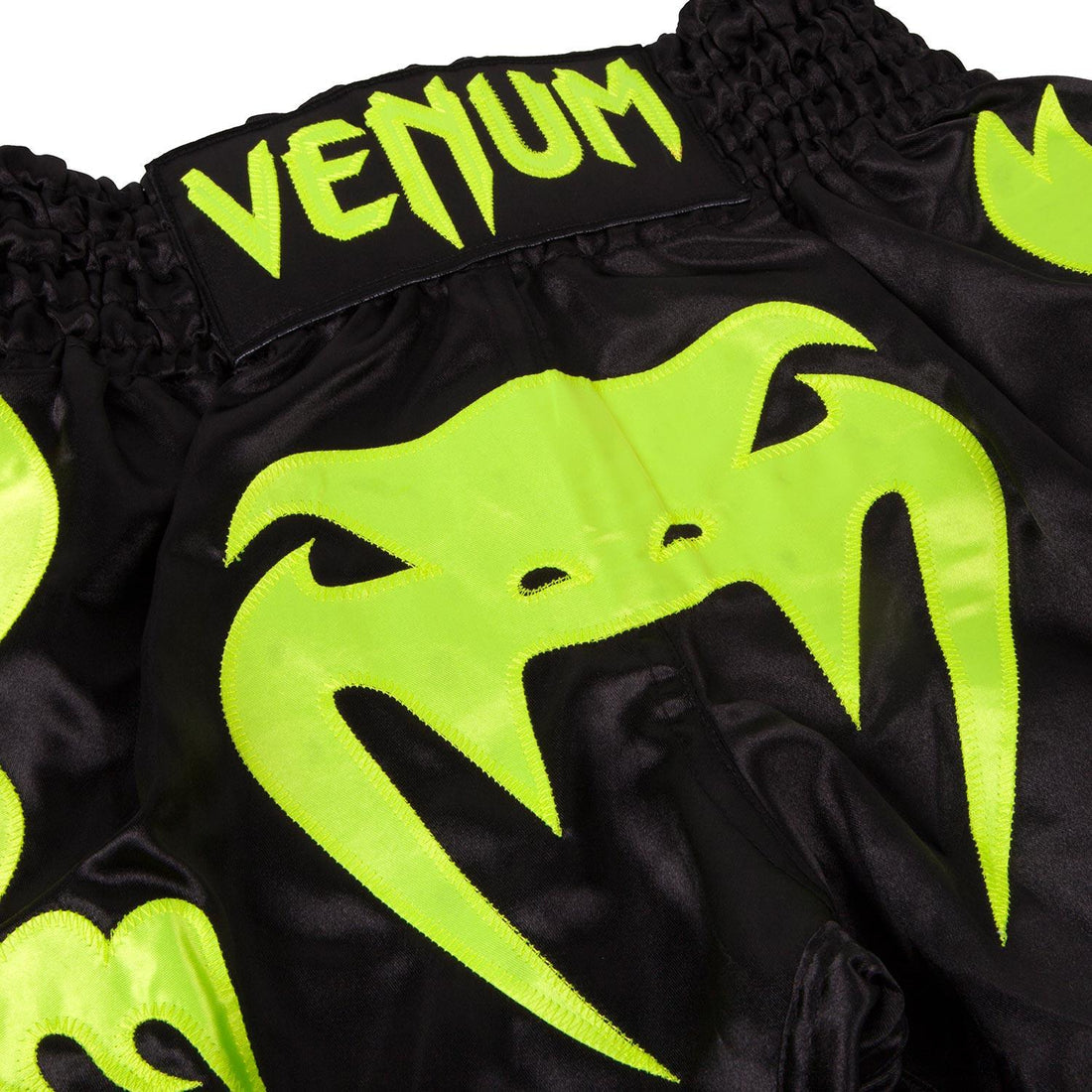 Venum Muay Thai Shorts -black and neon green close up