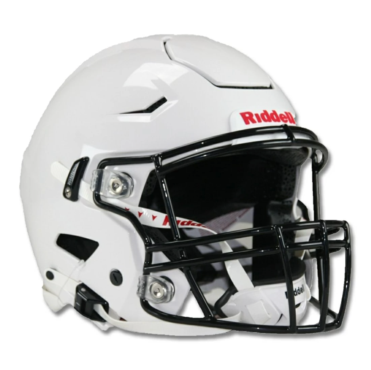 a white SpeedFlex helmet with a red and white logo on it