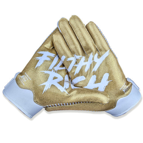 White and gold Battle Receiver Football Gloves  with white Filthy Rich writing- Adult