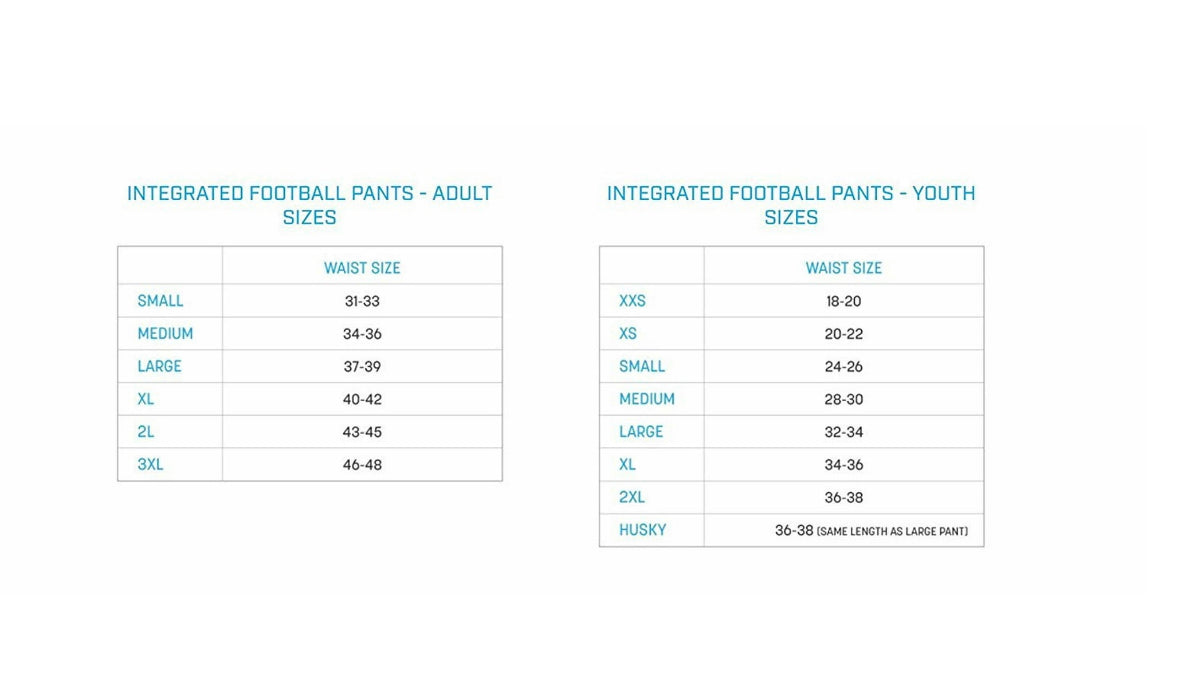 Champro Integrated Football Pant sizing chart