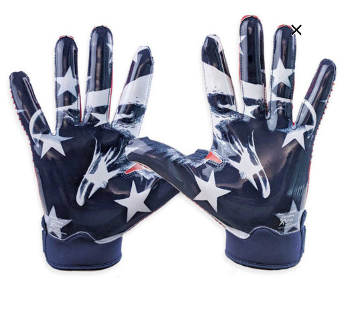 a pair of navy blue Battle gloves with white stars  on them