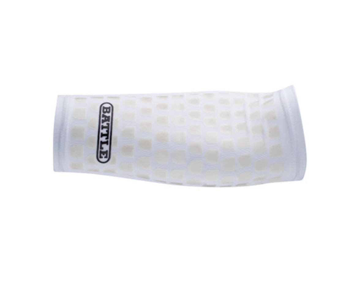 white battle arm compression sleeve with the word battle written on it in black