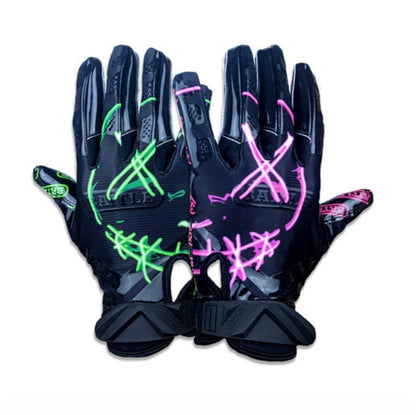 a pair of black Battle gloves with a half green neon clown face on one glove and the other half of the clown face on the other glove in neon pink