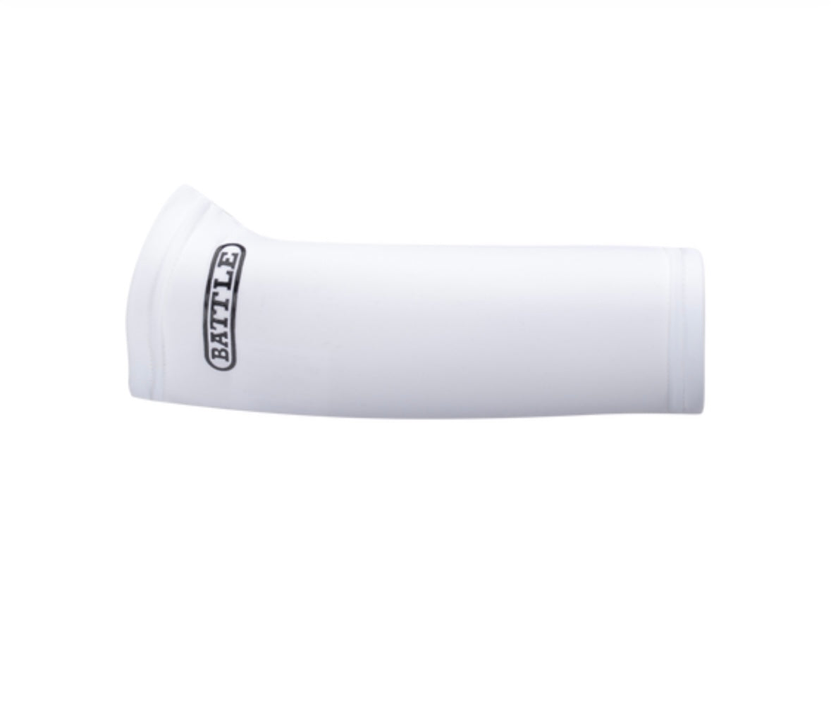 white battle arm compression sleeve with the word battle written on it in black