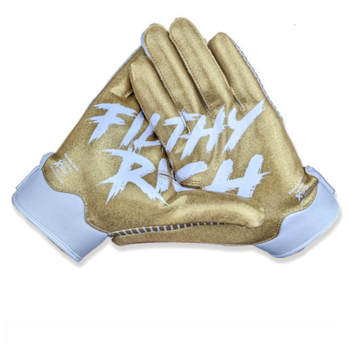 a gold Battle glove with white writing that says Filthy Rich on it