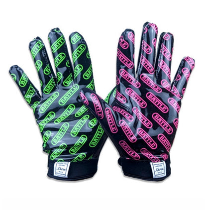 a pair of black Battle gloves with pink letters on one glove and neon green letters on the other glove