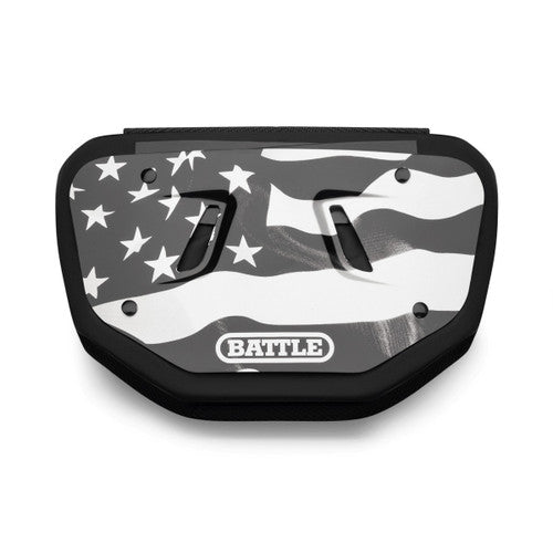 a black and white American flag Battle back plate with the word battle written on it in white