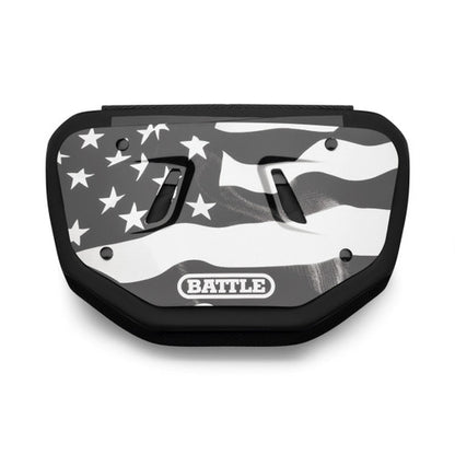 a black and white American flag Battle back plate with the word battle written on it in white