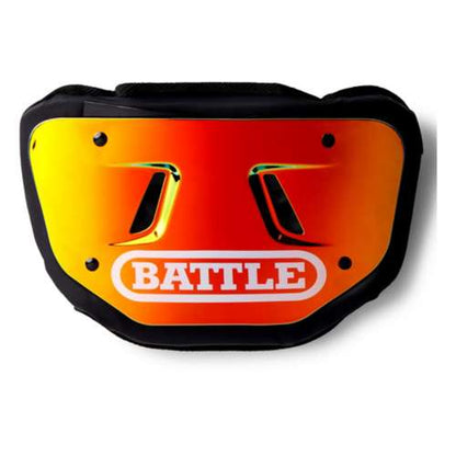 an orange and yellow Battle back plate with the word battle written on it in white